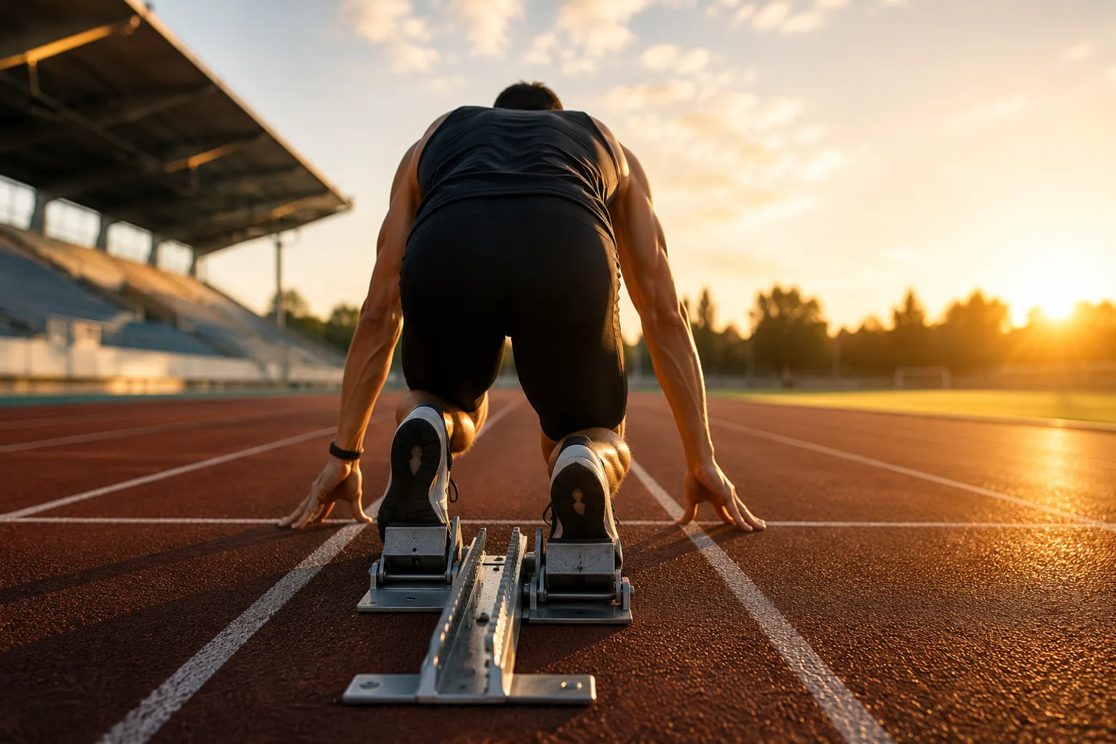 Sportler am Startblock auf der Laufbahn bei Sonnenaufgang – Symbol für mentale Stärke im Sport